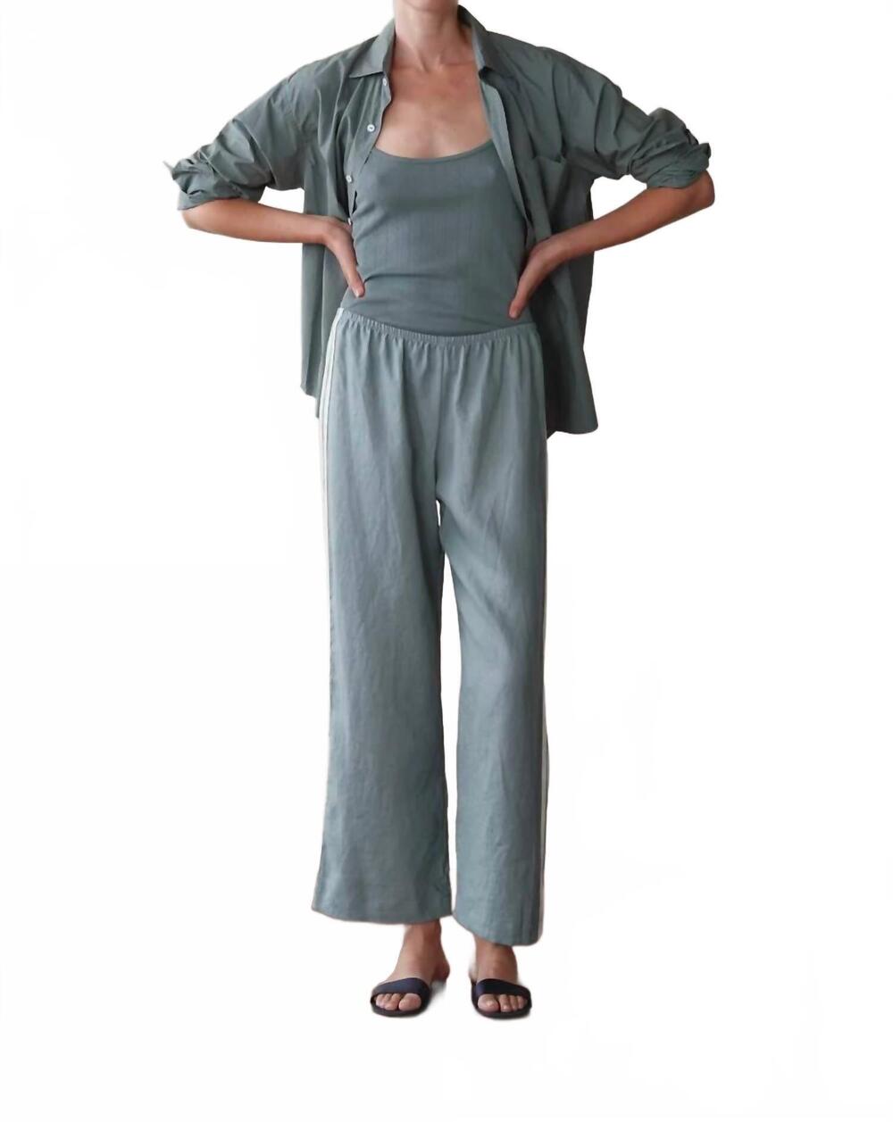 NEW DONNI. linen crop stripe pants in sage
